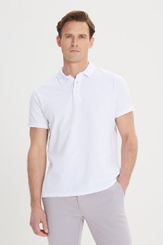 %100 Pamuk Kıvrılmaz Pike Polo Yaka Slim Fit Dar Kesim Beyaz Tişört